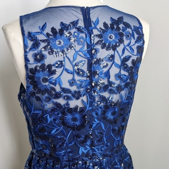 MARINA Blue Mesh And Sequin Sleeveless Dress 10 Illusion Floral Cocktail - Picture 7 of 13